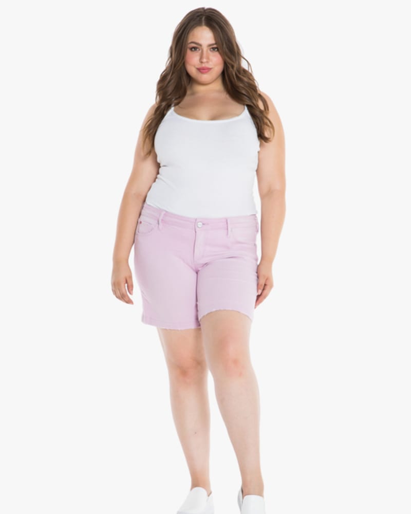 Front of a model wearing a size 14 Presley Mid-Rise Short in ORCHID by Slink Jeans. | dia_product_style_image_id:256125